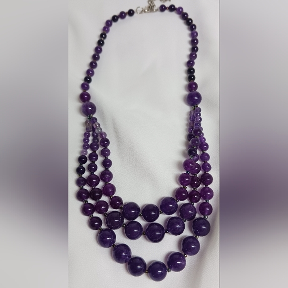 Natural Purple Amethyst Gemstone Beaded Necklace, Smooth Round Beads - Picture 2 of 5